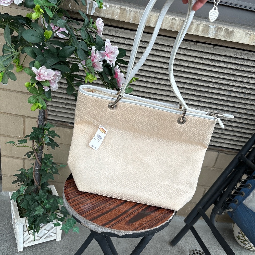 NWT Talbots Cream Tote Bag With White Leather Straps